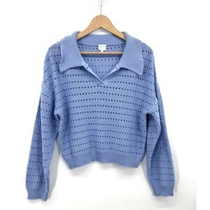 Blue Rain Francescas Sweater Medium Polo Open Knit Collared Fisherman Prep Boxy